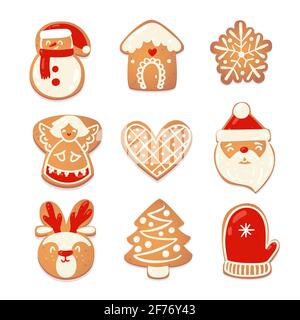 Pain d'épice noël mignon biscuits ensemble. Chapters à biscuits pour le nouveau design de l'année. Illustration du cataroon vectoriel. Illustration de Vecteur