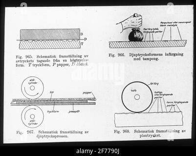 Image de Skioticon du Département de la photographie de l'Institut royal de technologie. Utilisation par le professeur Helmer Bäckström comme matériel de conférence. Bäckström a été le premier professeur suédois de photographie au Royal Institute of Technology de Stockholm 1948-1958.fig. 965 préparation schématique de la répression à partir d'une forme à haute pression. T Imprimer le formulaire, papier P, D deck. Figure 966 la coloration de la forme de moulage par gravure avec du tampon. Figure 967 représentation schématique de la presse de gravure. Figure 968 représentation schématique de la pression de l'usine. Banque D'Images