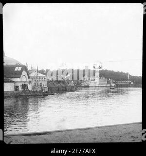 Icône de Skiopty avec motifs de l'exposition générale d'art et d'industrie de Stockholm 1897. Le téléphérique. Banque D'Images