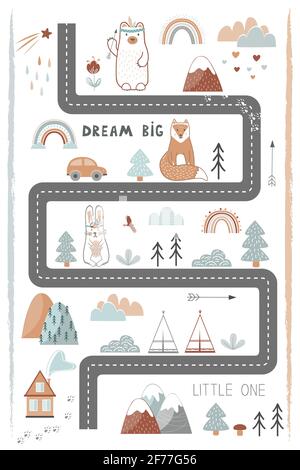 Bream Big, Little One - affiche, tapis ou tapisserie mignons pour enfants de style scandinave. Route, montagnes et bois carte d'aventure. Imprimé pépinière pastel Illustration de Vecteur