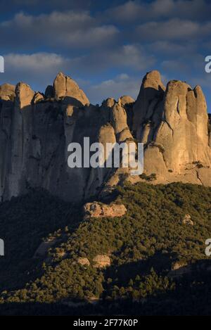 Montserrat face ouest avec quelques formations rocheuses comme Roca Foradada et Serrat de la Portella, en hiver après-midi (Barcelone, Catalogne, Espagne) Banque D'Images