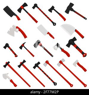 Illustration sur le thème grand kit axes en acier avec manche en bois, hache en métal pour la chasse. Répétition axiale composée de plusieurs axes différents sur fond blanc. F Illustration de Vecteur