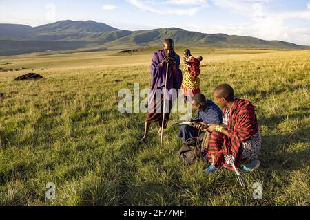 Tanzanie, Ngorongoro, région d'Arusha, Boma Mokila, zone de conservation de Ngorongoro, Le Massai de l'ONG Kopelion prendre note des chèvres disparues de Boma Banque D'Images