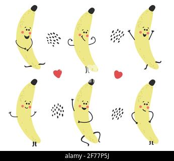 Ensemble de bananes jaunes joyeux et mignonnes dessinées à la main. Caractère gai enfantin. Collection de fruits sains. Doux et savoureux. Illustration vectorielle Illustration de Vecteur