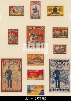 Les étiquettes de boîte d'allumettes, du musée suédois de l'industrie et du commerce.motifs militaires. Banque D'Images