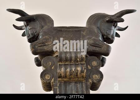 Iran, Téhéran, Musée national, capitale de la colonne en forme de taureau, (Persepolis, vers 500 av. J.-C.) Banque D'Images