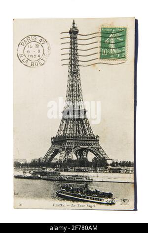 France, Paris (75), quartier Grenelle, ancienne carte postale (1924) avec la Tour Eiffel Banque D'Images