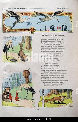 France, Aisne, Château-Thierry, Musée Jean de la Fontaine - ville de Château-Thierry, le livre Fables de la Fontaine illustré par Benjamin Rabier, Edition Jules Tallandier, 1906, en folio, le Fox et le Stork fable XVIII du livre I Banque D'Images