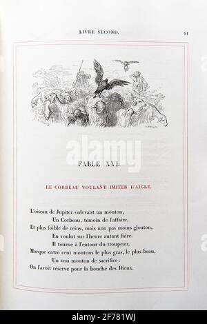 France, Aisne, Château-Thierry, Musée Jean de la Fontaine - ville de Château-Thierry, le livre Fables de la Fontaine, L. Hachette et Cie, édition illustrée (1867) par le designer et graveur Gustave doré, le Corbeau souhaitant imiter le fable aigle XVI du livre II Banque D'Images