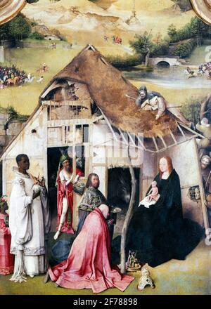 1490S 1510 PANNEAU CENTRAL PIÈCE D'ALTARTRE PAR HIERONYMUS BOSCH EL BOSCH ADORATION DU MAGI AU PRADO MADRID - KA3591 HAR001 HARS ADORATION BERGERS CONCEPT CONCEPTUEL MAGI PRADO IMAGINATION 1490S BÉBÉ GARÇON OU SYMBOLIQUE RETABLE CONCEPTS CRÉATIVITÉ EL HAR001 MADONNA OLD REPRÉSENTATION À LA MODE Banque D'Images