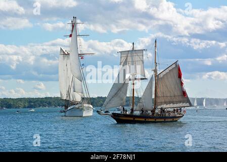 Brockville Canada participe à la série DES Grands Lacs DÉFI® DE GRANDS NAVIRES qui se déroule dans cette région tous les trois ans et Brockville y participe depuis 2013. La prochaine visite des Grands Lacs aura lieu en 2022.Tall ship, les Tall Ships, y compris le Bluenose II, et d'autres embarcations à Brockville Canada. Diverses vues sur les événements de grands navires au front de mer de Brockville, à Blockhouse Island Parkway, à Centeen Park et à Hardy Park. Banque D'Images