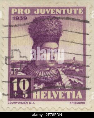 Timbre de l'Association philatéliste de Gösta Bodman, commencé en 1950.le timbre de Suisse, 1939. Motifs du coût des femmes, Fribourg. Banque D'Images