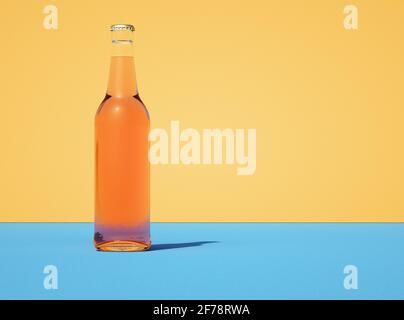 Illustration 3D d'une bouteille de bière en verre transparent sur fond jaune. Allumé depuis le côté gauche. Banque D'Images