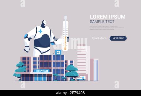 robot tenant thermomètre assistant robotique fournissant le concept de centre médical de santé Illustration de Vecteur