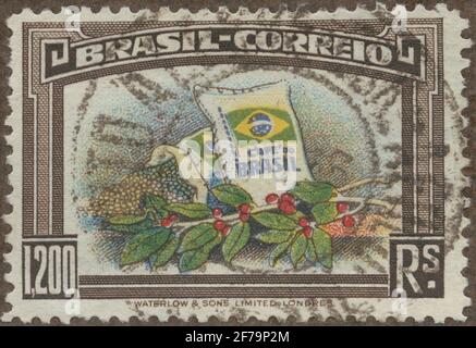 Timbre de la philatéliste de Gösta Bodman Motion Collection, a commencé en 1950.le timbre du Brésil, 1938. Motifs de Kaffekvist et café terminé. Banque D'Images