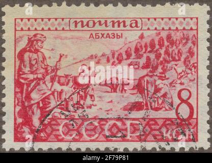 Timbre de l'Association philatéliste de Gösta Bodman, commencé en 1950.le timbre de Russie, 1933. Mouvement de traite et de séparation. 'L'abkhaze russe'. Banque D'Images
