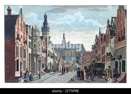 Langestraat à Alkmaar, gravure ancienne. Banque D'Images