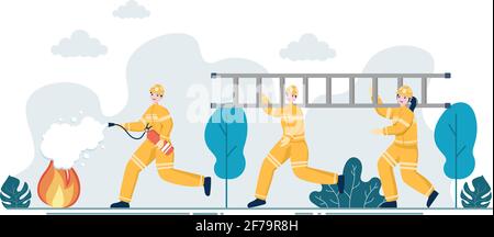 Pompiers avec des moteurs d'incendie de maison, aider les gens et les animaux, utilisant l'équipement de sauvetage dans diverses situations. Illustration vectorielle Illustration de Vecteur