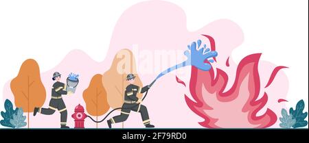 Pompiers avec des moteurs d'incendie de maison, aider les gens et les animaux, utilisant l'équipement de sauvetage dans diverses situations. Illustration de Vector Flat Design Illustration de Vecteur