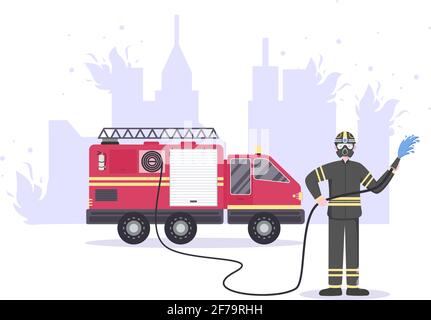 Pompiers avec des moteurs d'incendie de maison, aider les gens et les animaux, utilisant l'équipement de sauvetage dans diverses situations. Illustration de Vector Flat Design Illustration de Vecteur