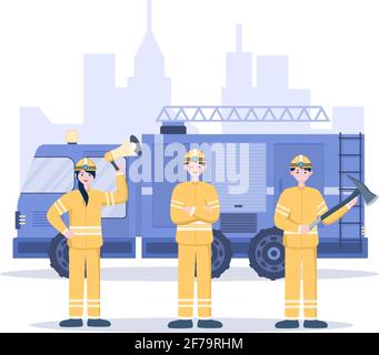 Pompiers avec des moteurs d'incendie de maison, aider les gens et les animaux, utilisant l'équipement de sauvetage dans diverses situations. Illustration de Vector Flat Design Illustration de Vecteur