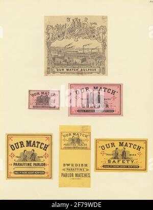 Marques de boîte de correspondance, du musée suédois de l'industrie et du commerce. (Notre match). Banque D'Images