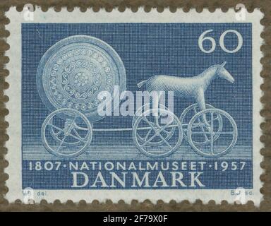 Timbre de l'Association philatéliste de Gösta Bodman, commencé en 1950.le timbre du Danemark, 1957. Motifs du 'suncarrie': Sun Skivet dessiné par Horse. 'denmark National Museum 150 ans: 1807-1957'. Banque D'Images