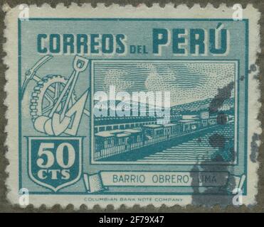 Timbre de l'Association philatéliste de Gösta Bodman, commencé en 1950.le timbre du Pérou, 1938. Motions des travailleurs péruviens à Lima. Banque D'Images