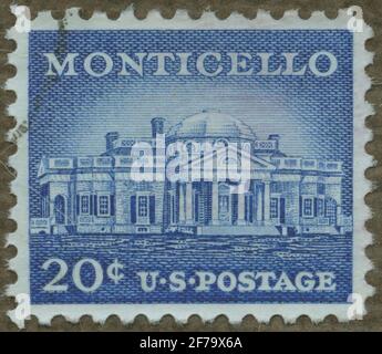 Timbre de l'Association philatéliste de Gösta Bodman, a commencé en 1950.le timbre des États-Unis, 1956. Motifs de style colonial, résidence. 'Onicello : maison du président Thomas Jefferson à Charlottesville, Virginie'. Banque D'Images