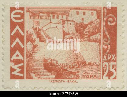 Timbre de l'Association philatéliste de Gösta Bodman, commencé en 1950.le timbre de Grèce, 1942. Mouvements de bâtiments sur l'île d'Hydra. Banque D'Images