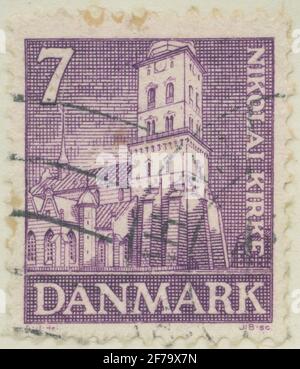Timbre de l'Association philatéliste de Gösta Bodman, commencé en 1950.le timbre du Danemark, 1936. Motifs de l'église Nicola à Copenhague. Banque D'Images