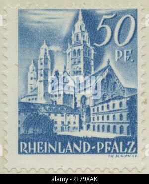 Timbre de l'Association de philatéliste de Gösta Bodman, a commencé en 1950.le timbre de Rhénanie-Palatinat, 1948. Mouvements de la cathédrale et de la place de Mayence. Banque D'Images