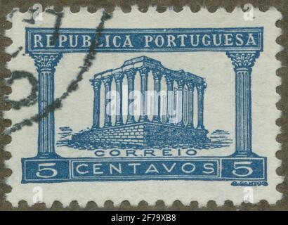 Timbre de la cession de la philatéliste de Gösta Bodman, commencé 1950.le timbre du Portugal, 1935. Motifs du temple de Diana à Evora. Banque D'Images