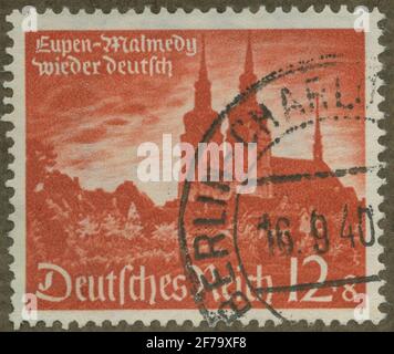 Timbre de l'Association philatéliste de Gösta Bodman, commencé en 1950.le timbre de l'Allemagne, 1940. Mouvements de la cathédrale d'Eupen-Malmedy. 'Eupen-Malmedy Wieder Deutsch'. 'Mémoire d'Eupen et de Malmedy en Allemagne en 1940'. Banque D'Images