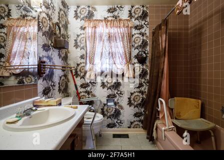 Une salle de bains rétro avec un siège de toilette surélevé, une chaise de douche et une poignée utilisée par les personnes âgées. Banque D'Images