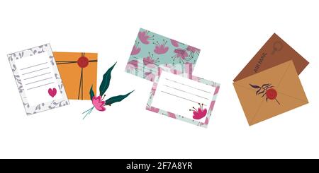 Enveloppes postales multicolores avec fleurs et cartes postales. Kit postal décoratif pour Félicitations. Illustration de Vecteur