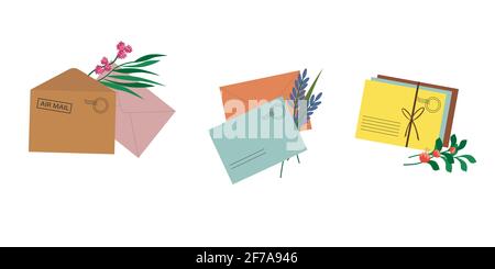Enveloppes postales multicolores ornées de fleurs. Illustration de Vecteur
