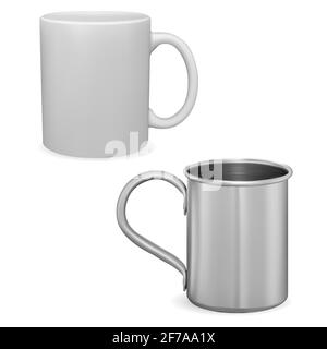 Maquette de tasse de café blanc. Tasse en métal argenté isolée. Théière en céramique avec modèle vectoriel 3d à poignée. Mug en fer ou en acier inoxydable au design photoréaliste Illustration de Vecteur