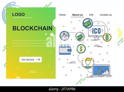 Modèle de conception d'art linéaire de site Web vectoriel. Technologie blockchain et crypto-monnaie en bitcoin. ICO et crypto. Concepts de page d'arrivée pour le site Web Illustration de Vecteur