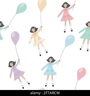 Les filles avec des ballons volants seamless background Illustration de Vecteur