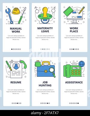 Modèle d'écrans d'intégration d'art linéaire de site Web Vector. Outils, cv, porte-documents et téléphone pour les travailleurs de la construction. Bannières de menu pour le site Web et l'application mobile Illustration de Vecteur