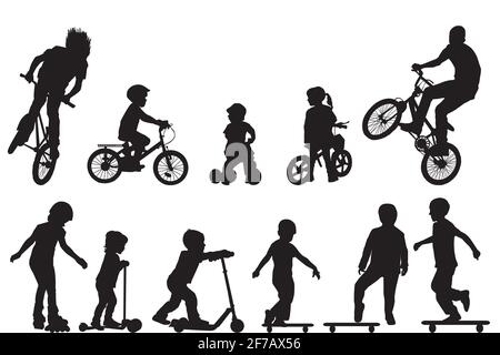 Silhouettes pour jeunes actifs avec des patins à roulettes, trottinettes, planches à roulettes et vélos,tricycle Illustration de Vecteur