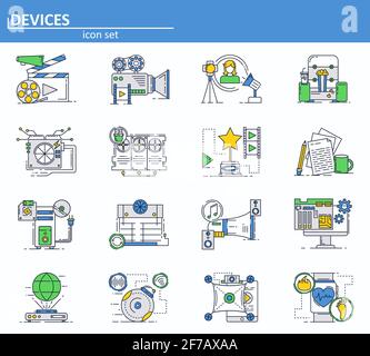Ensemble vectoriel de matériel informatique et d'icônes de production de films en ligne fine. Interface utilisateur du site Web et icône de l'application Web mobile. Illustration de la conception de contour. Illustration de Vecteur