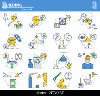 Ensemble vectoriel d'icônes de matériaux de construction et de construction en ligne fine. Services publics, eau, gaz, électricité. Interface utilisateur du site Web et application Web mobile Illustration de Vecteur