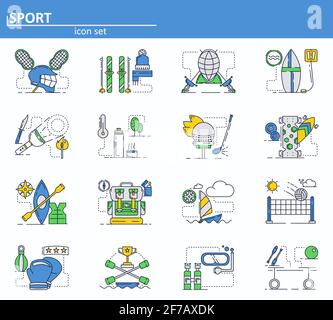 Ensemble vectoriel d'icônes de sport en ligne fine. Volley-ball, crosse, ski, escrime, golf, sac à dos. Interface utilisateur du site Web et icône de l'application Web mobile. Contour Illustration de Vecteur