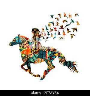 Motifs ethniques colorés d'une femme qui fait des promenades avec des oiseaux Illustration de Vecteur