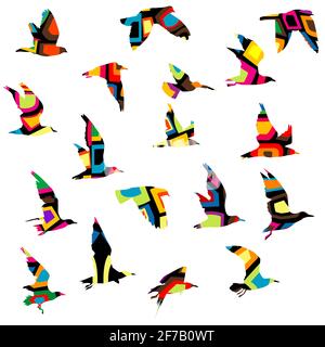 Silhouettes colorées d'oiseaux volant Illustration de Vecteur