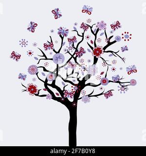 Arbre floral abstrait avec fleurs et papillons Illustration de Vecteur