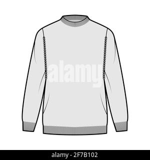 Chandail de pêcheur, illustration technique de la mode avec col ras du cou côtelé, manches longues, coupe large, sur les hanches, bordure en tricot. Pull sans pinces à l'avant, style gris. Femmes, hommes unisex CAD maquette Illustration de Vecteur