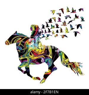 Résumé femme colorée cavalier avec des oiseaux Illustration de Vecteur